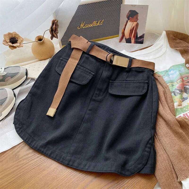 Korean Denim Skirt Women's Safari Style Short High Waist Belt Cargo Jean Ladies Casual A-line Skirts Spring Autumn Z260314