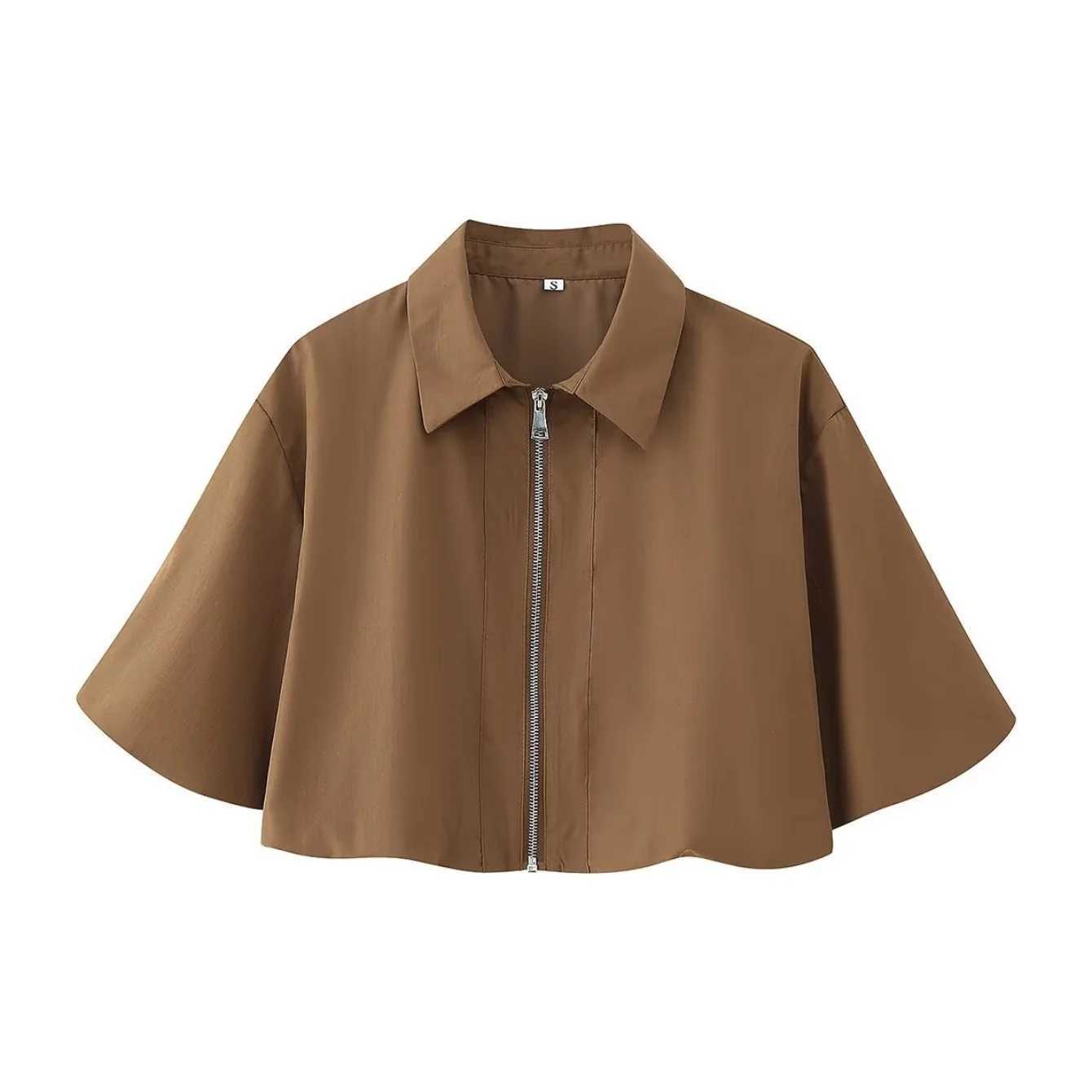 Womens Autumn New Short Zipper Jacket Short Sleeved Top High Waisted Pleated Lantern Flower Bud Half Skirt Set M260313