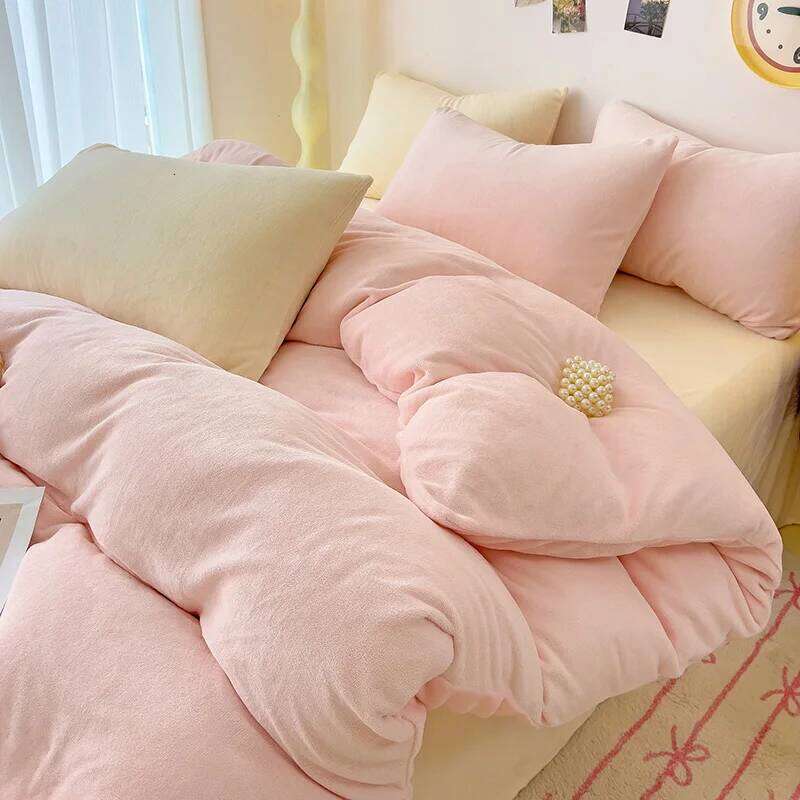 1/3/4pcs Winter Duvet Cover or Bed Set Flannel Velvet Home Linens Warmth Coral Fleece Plush Candy Solid Bedding Drop Shipping H260312 - view 3