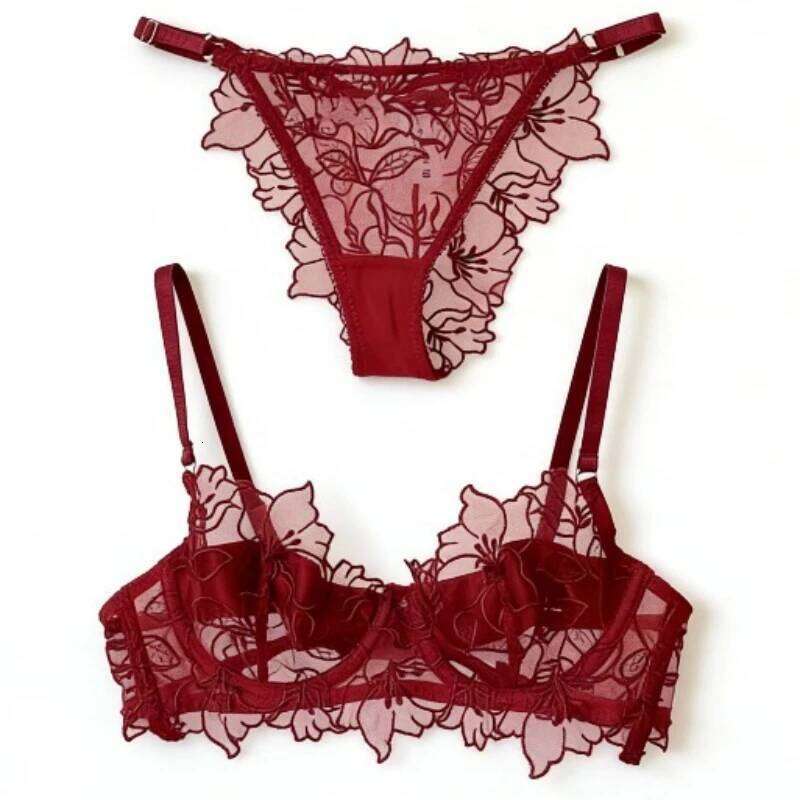 Padded Bra Small Bust | Lace Embroidered & Mesh Underwear Set with Soft Underwire, Comfortable Demi Cup Sexy Tushy Panty PP