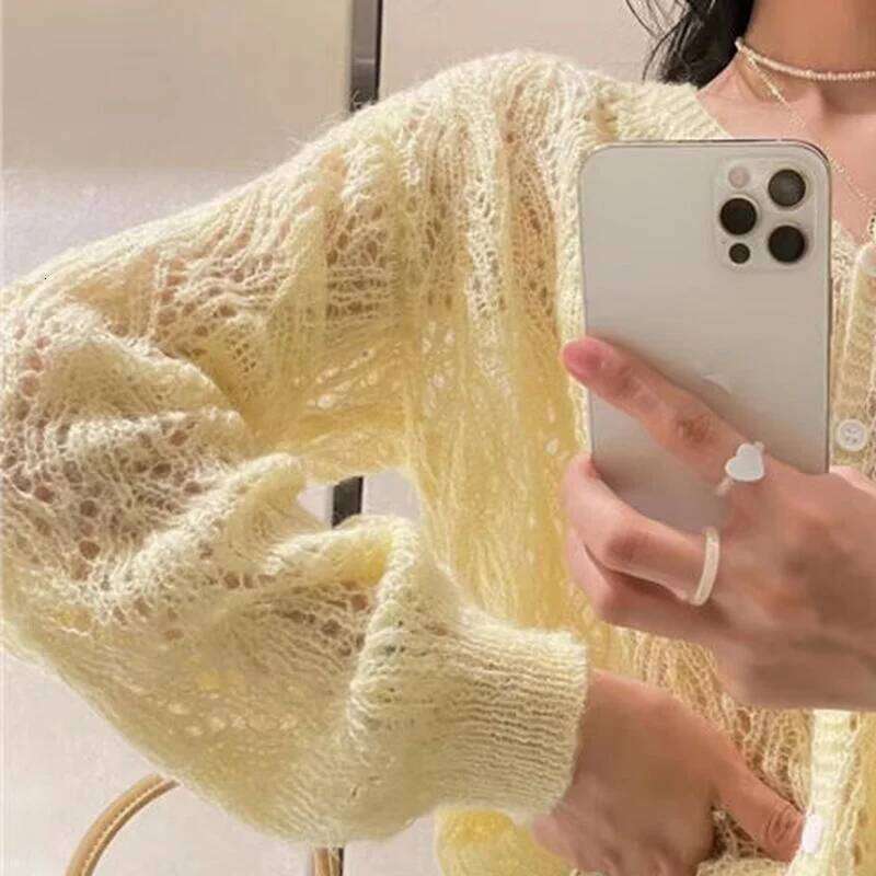 Cardigan Women V-neck Sexy Hollow Out Long Sleeve Single Breasted Sweet Solid Color Female Daily Thin Spring Autumn Breathable Z260313