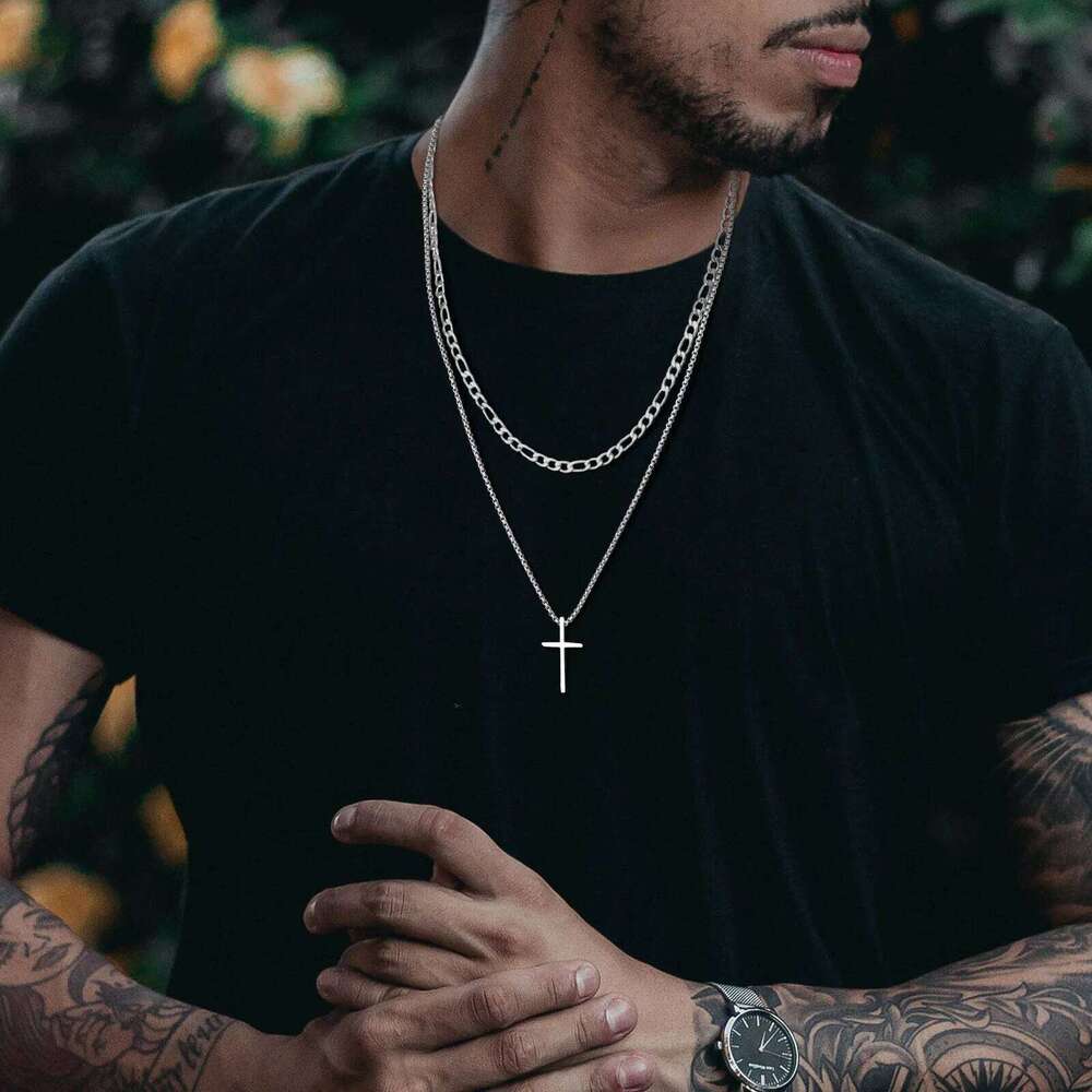 Vnox Mens Necklaces, Stainless Steel Layered Plain Cross Pendant, Rope Box Chain Necklace, Simple Prayer Jesus Collar H260312