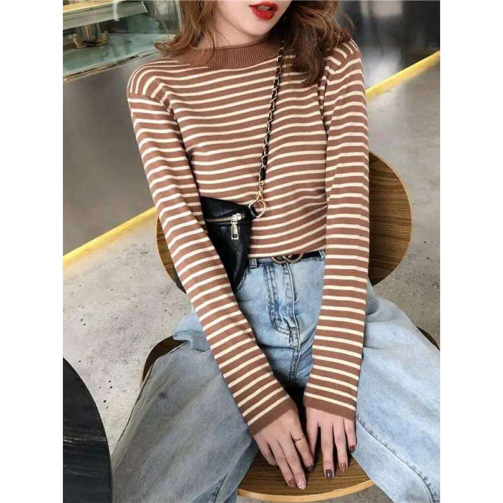 Autumn Winter Women Mock neck Sweaters Pullover Tops Fashion Female Skinny Elastic Long Sleeve Casual Striped Knitted Shirts Z260313