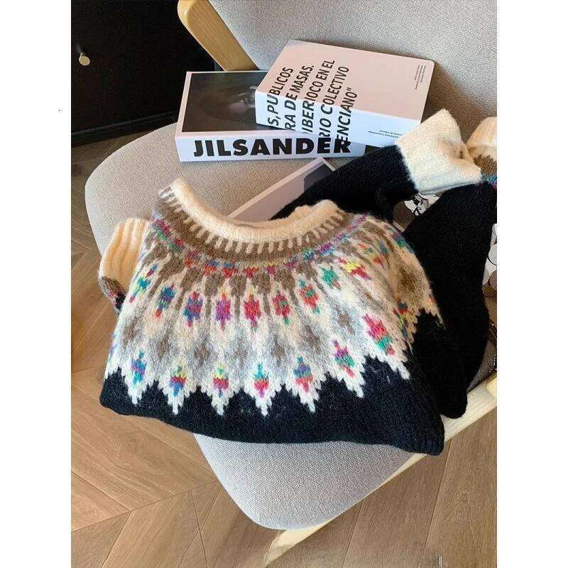 Retro Fair Isle Pattern Sweater Women Loose Knit Pullover Crew Neck Long Sleeve 2025 Winter Top Z260313