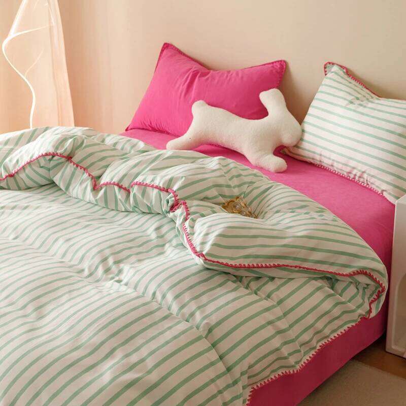 Bedding INS Girls Striped Soft Washed Cotton Sheet Queen King Size Duvet Comforter Set Pillowcase Bed Linens H260312 - view 6