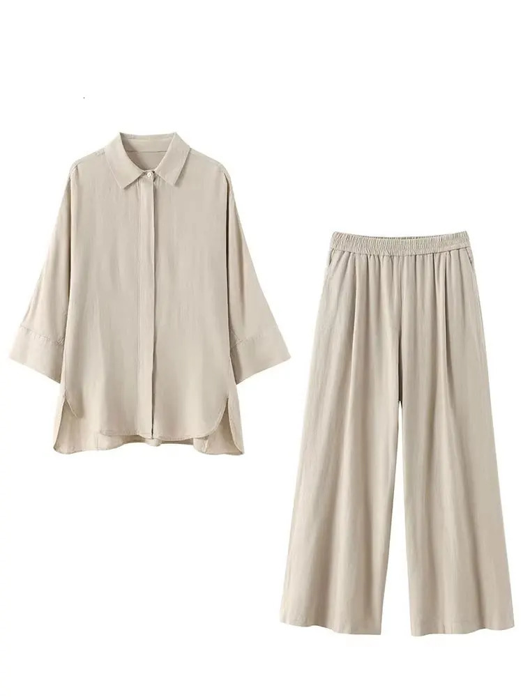 HH Women Casual Solid Blouse Pant Sets Loose Long Sleeve Lapel Shirts Elastic Waist Wide Leg Trousers Office Lady Suit 260309