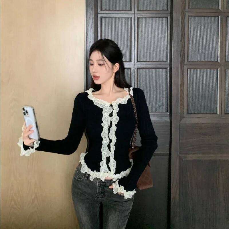 Women Cardigan Lace Patchwork Knitted Basic Tops Button-up Autumn Hotsweet Crop Sweater All-match Elegant Tender Casual Daily Z260313