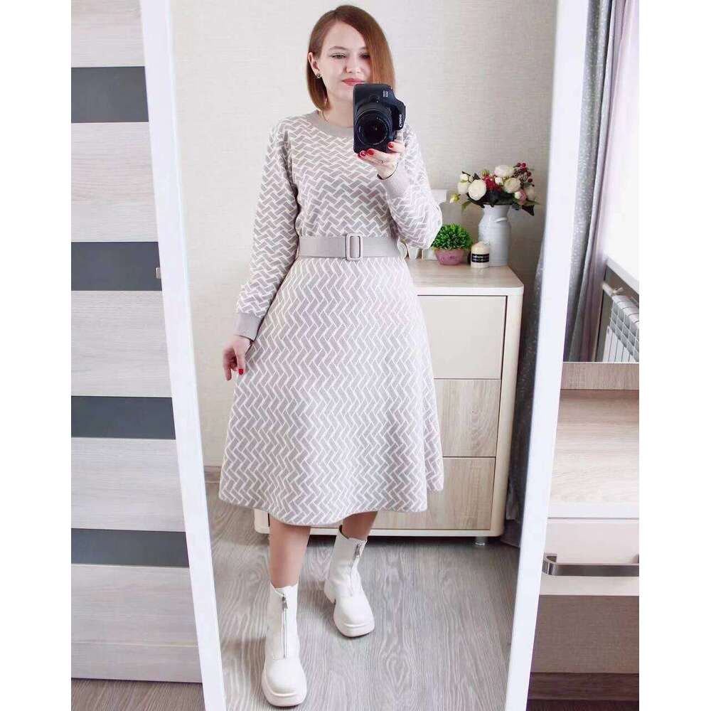 GIGOGOU Luxury Jacquard Women Long Knit Sweater CHIC Autumn Winter A Line Dresses With Belt Pleated Maxi Midi Party Dress Z260314