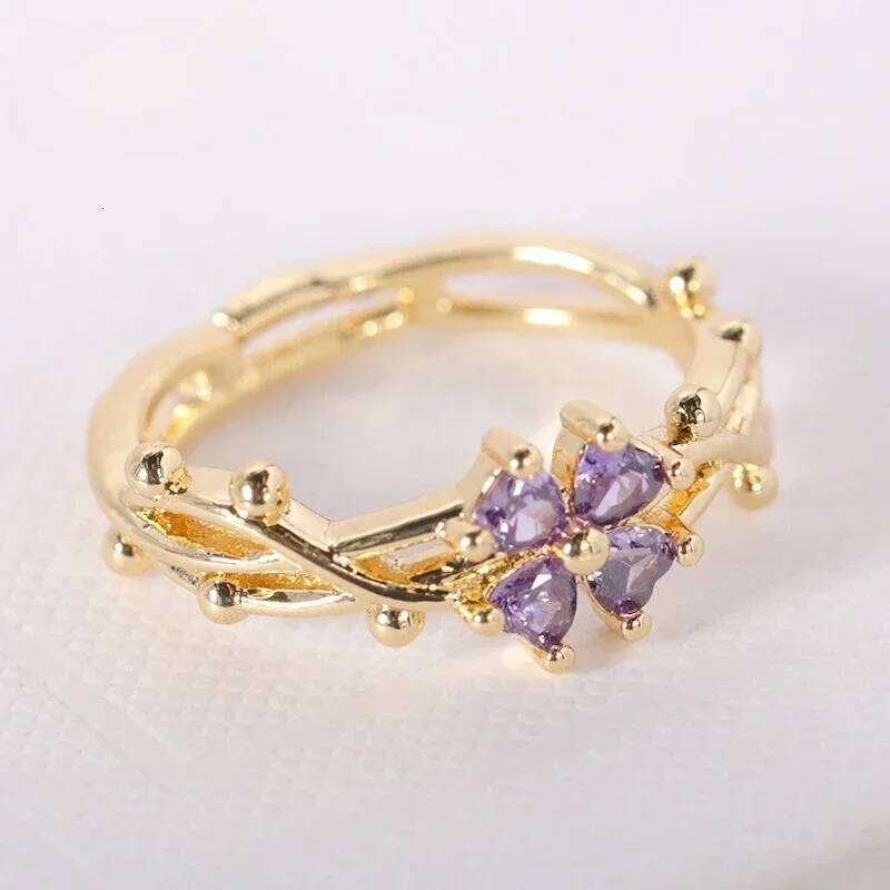 Cute Romantic Purple Four Leaf Zircon Flower Adjustable Rings for Women Gold Color Stainless Steel Jewelry Gift Anillos De Mujer H260312