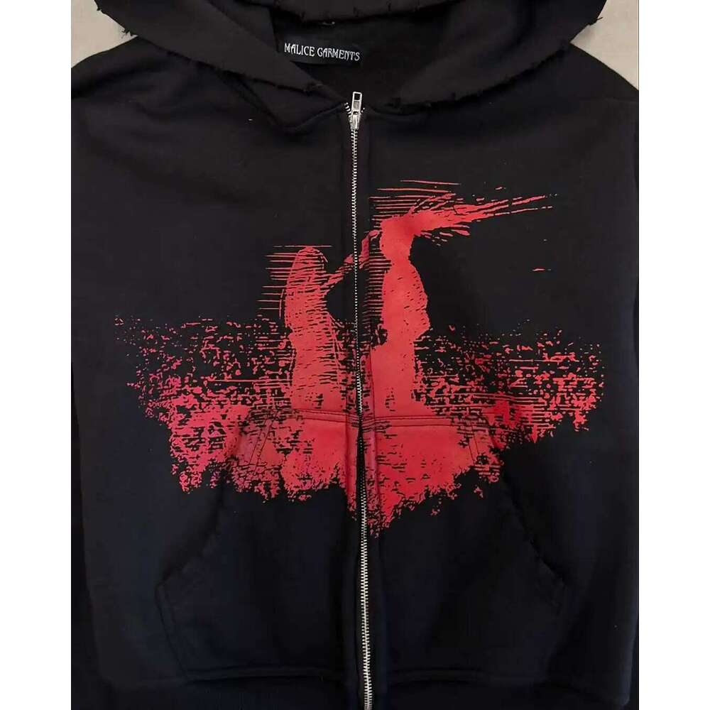 Hip Hop Gothic Retro High Street Baggy Zip Up Y2k Graphic Print American Zipper Hoodie Men's and Women's Sweatshirt 26Y0313