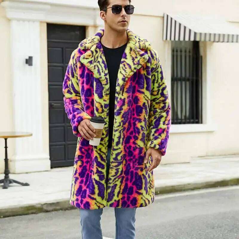 PFHQ Men's Faux Fur Coat Autumn Winter Warm Plush Jacket Leopard Print Contrast Color 2025 Long Sleeve Male Tops 21Z8047 Z260313