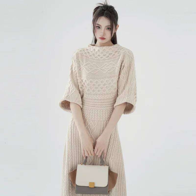Women's Sleeve Knit Sweater Dress, Warm Slim Pullovers, Long Sleeve, O-neck, Casual Ankle-Length, Autumn, Fashion Z260314