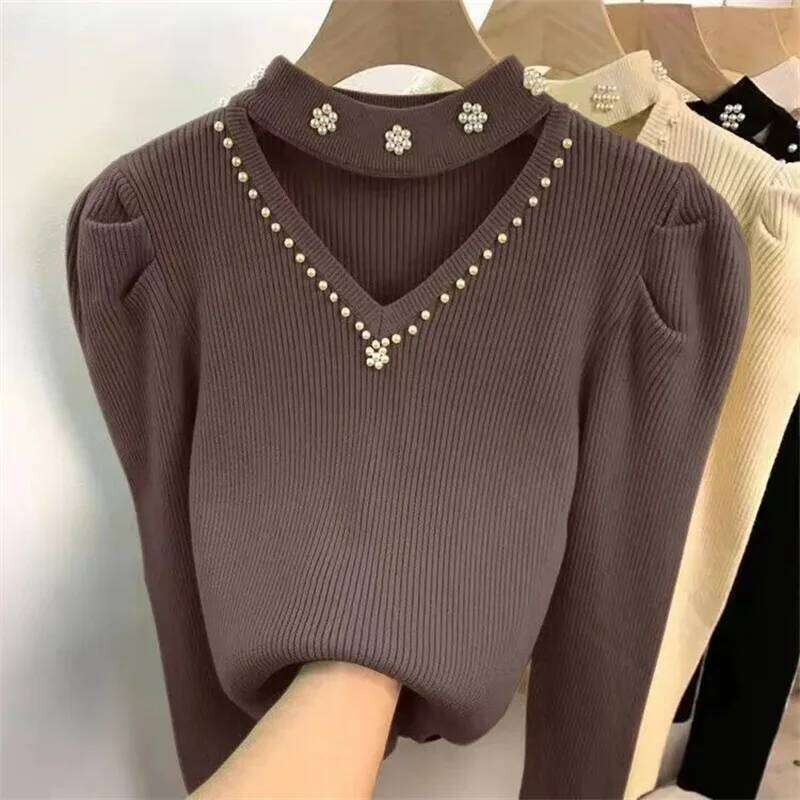 Autumn Winter Women Pullover New Fashion Hollow V-neck Nail Bead Long Sleeved Knitted Sweater Bottoming Shirt Female Top Z260313