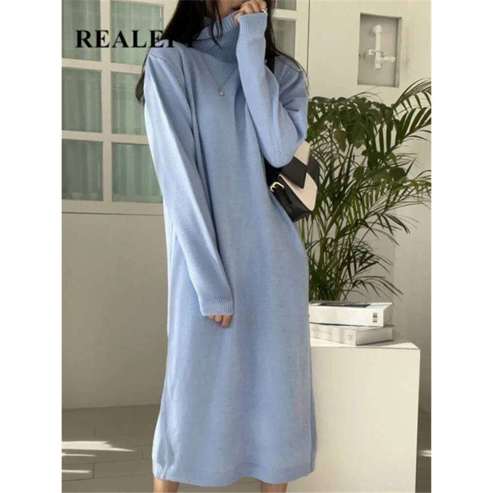 REALEFT Autumn Winter Turtleneck Women's Sweater 2024 New Sleeve Solid Warm Knitted Casual Long Dresses Female Z260313