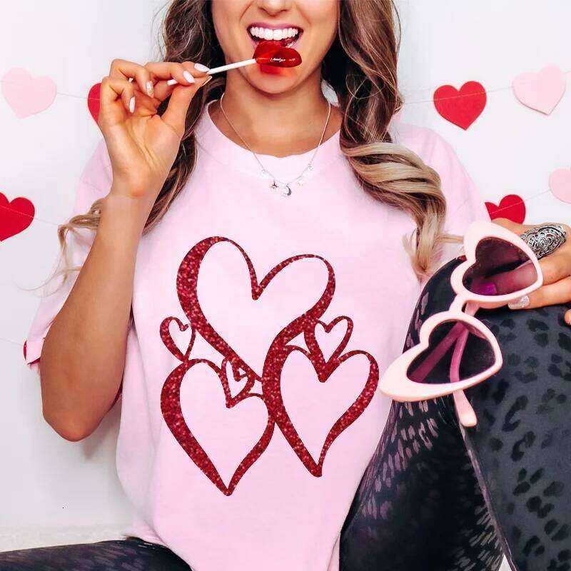 Y2k Graphic Tee Clothes Glitter Red Heart Design T-shirts for Women Fashion Women's Valentines Shirts Summer Casual Pink Tops Z260314