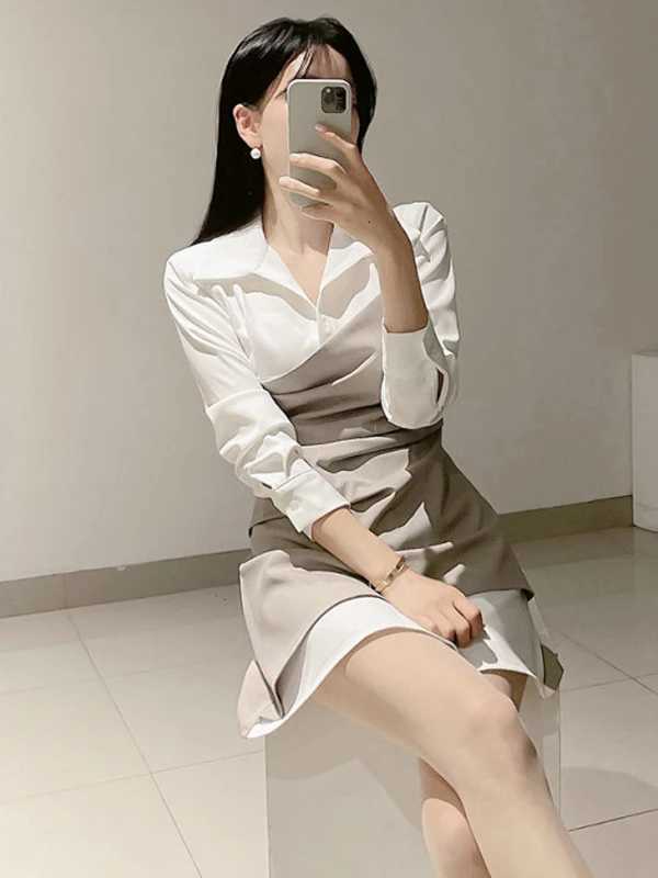 Design Sensation ort Splice Womens Dr Slimming High Waist Korean Sle Commute Long Sve irt Collar Ci WearT260314