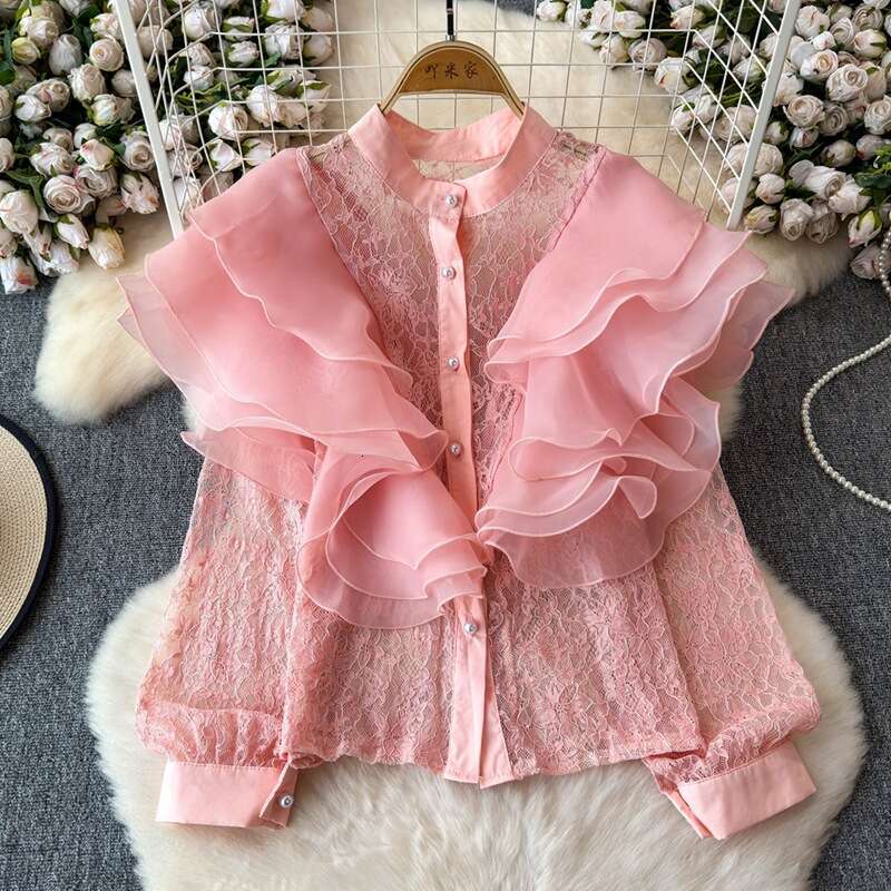 Spring and Autumn New Designer Lightweight Luxury Fairy Pink Ruffle Palace Noble Style Lace Shirt