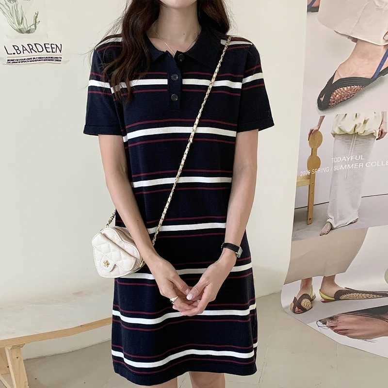 Korean knitted short sleeved dress for womens summer new polo collar casual versatile mid length striped contrasting dressT260314