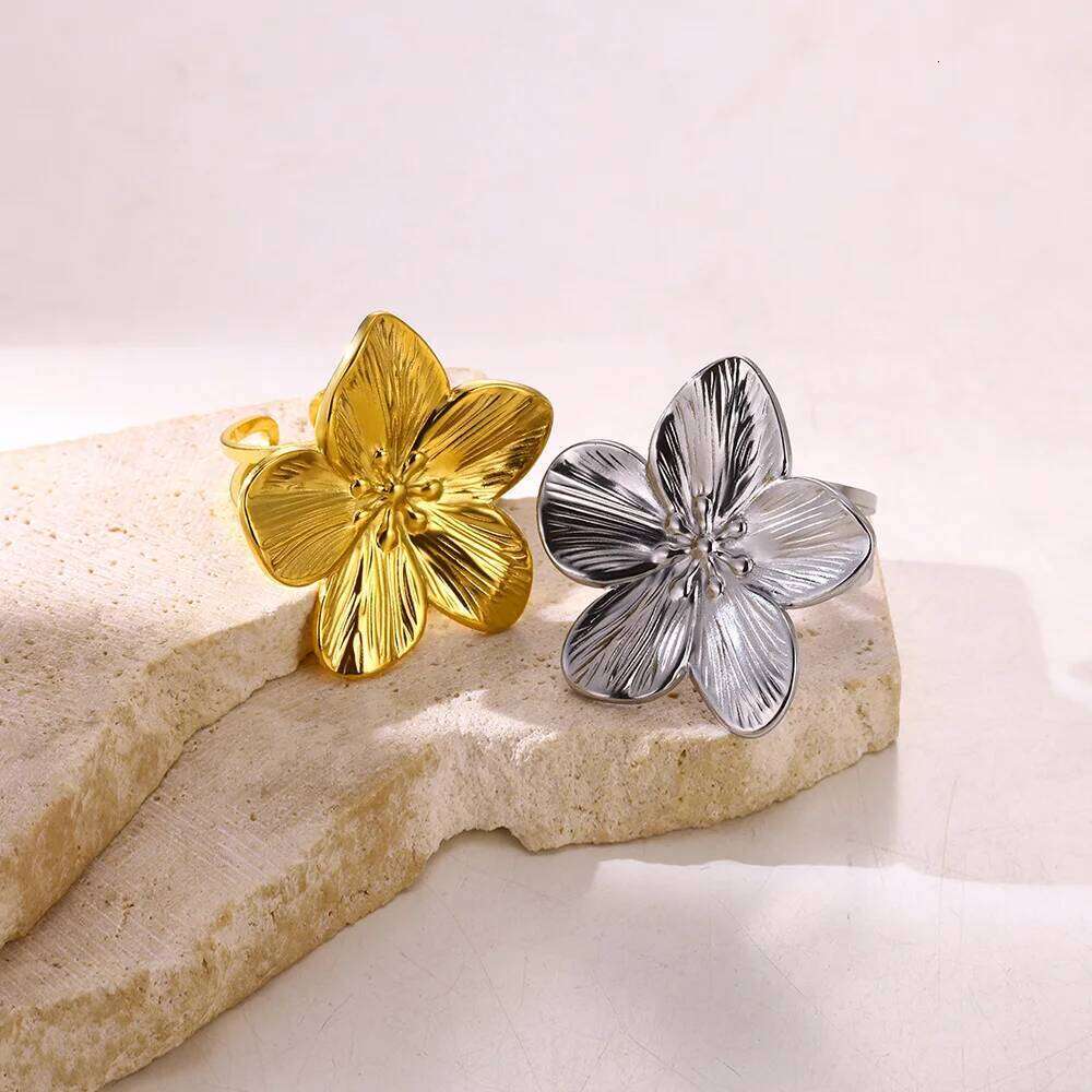 Elegant Stainless Steel Big Bloom Flower For Women Gold Color New Style Open Rings Finger Punk Jewelry Wedding Her Gift H260312