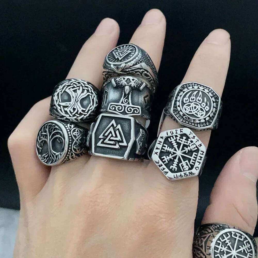 Vintage Viking Men Rings Stainless Steel Ethnic Belief Nordic Odin Compass Tree of Life Valknut Ring Amulet Jewelry Wholesale H260312