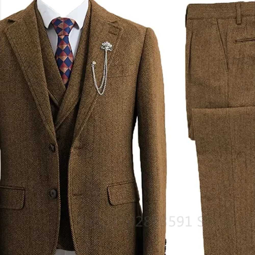 Mens Tweed Spine Trench Coat Wedding Suit Casual Style 3-Piece Mens Fashion Terno De Espinha Transversal M260313