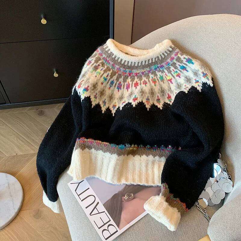 Retro Fair Isle Pattern Sweater Women Loose Knit Pullover Crew Neck Long Sleeve 2025 Winter Top Z260313