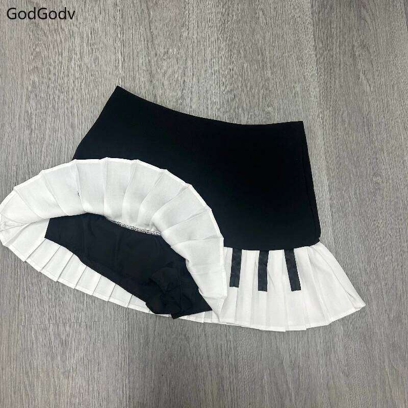 Spring Black White Spliced Women Short 2025 Y2k Slim Design Harajuku Mini Female Empire Korea Style Chic Piano Skirt Z260314