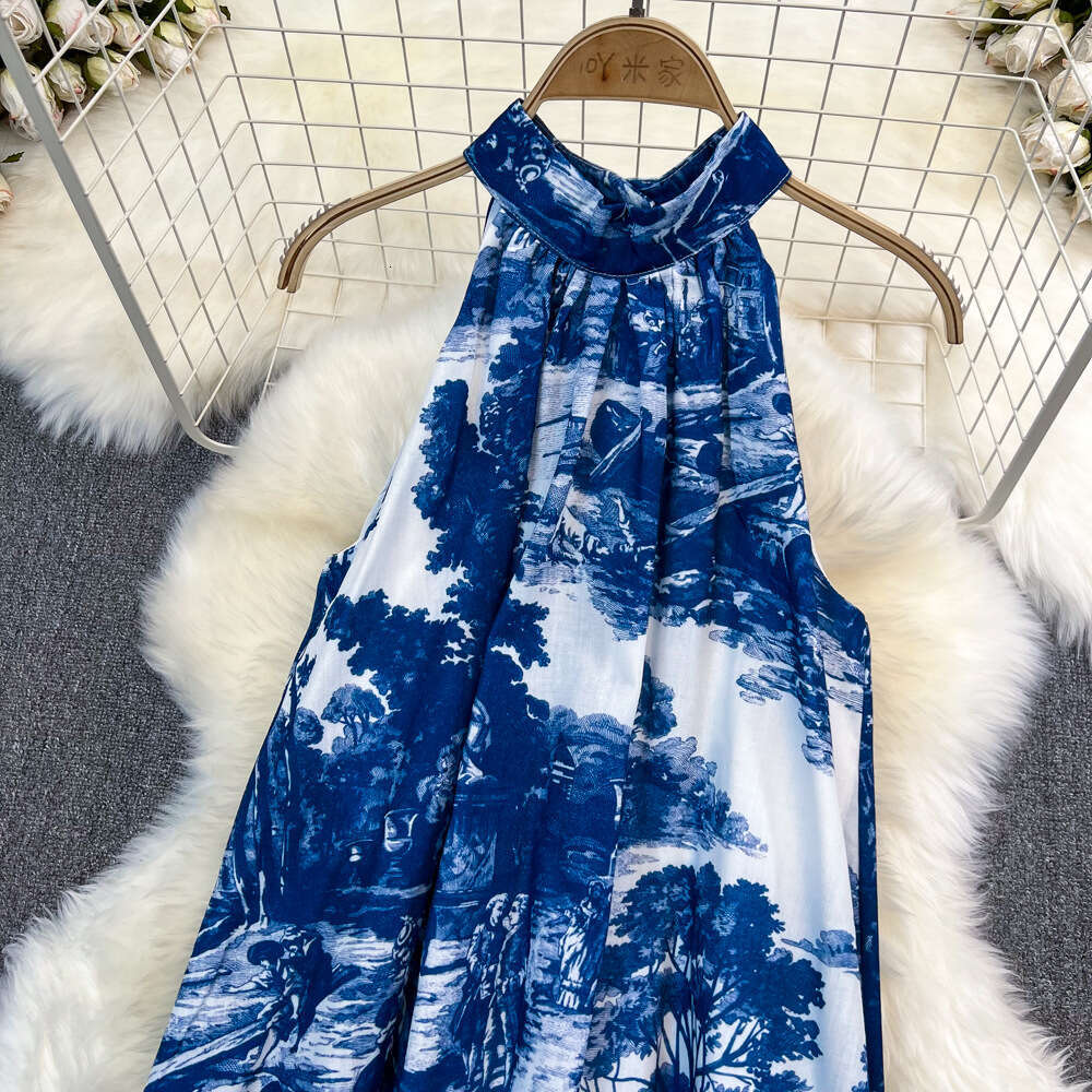 A15 French retro high-end backless collar with ink print sleeveless A-line skirt, elegant and suitable for seaside vacations