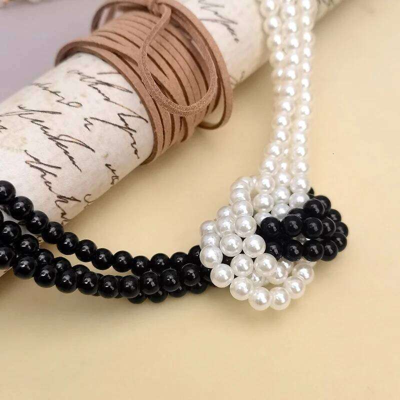 Women's Chic Layered Elegant & Beaded Pearl Necklace Black and White Yin Yang Knotted Design Statement Jewelry H260312