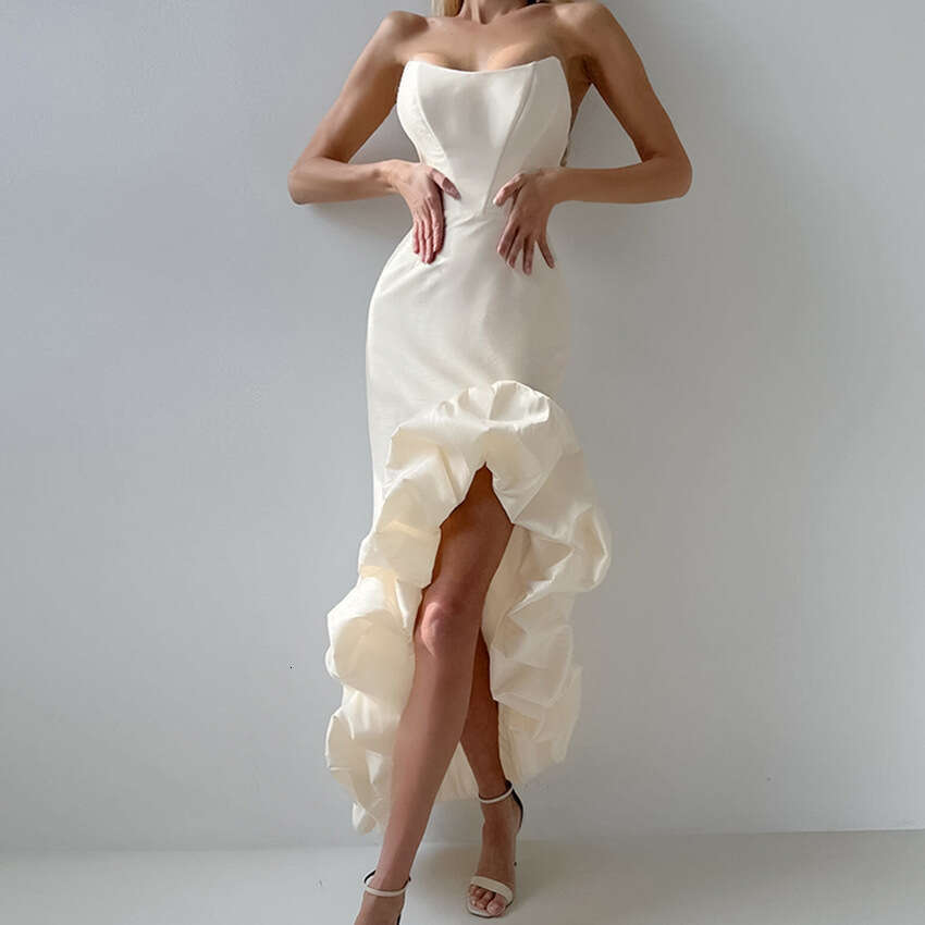 French Satin Strap For Women Spring High End Asymmetric Puffy Midi Dress MAKOUFEI