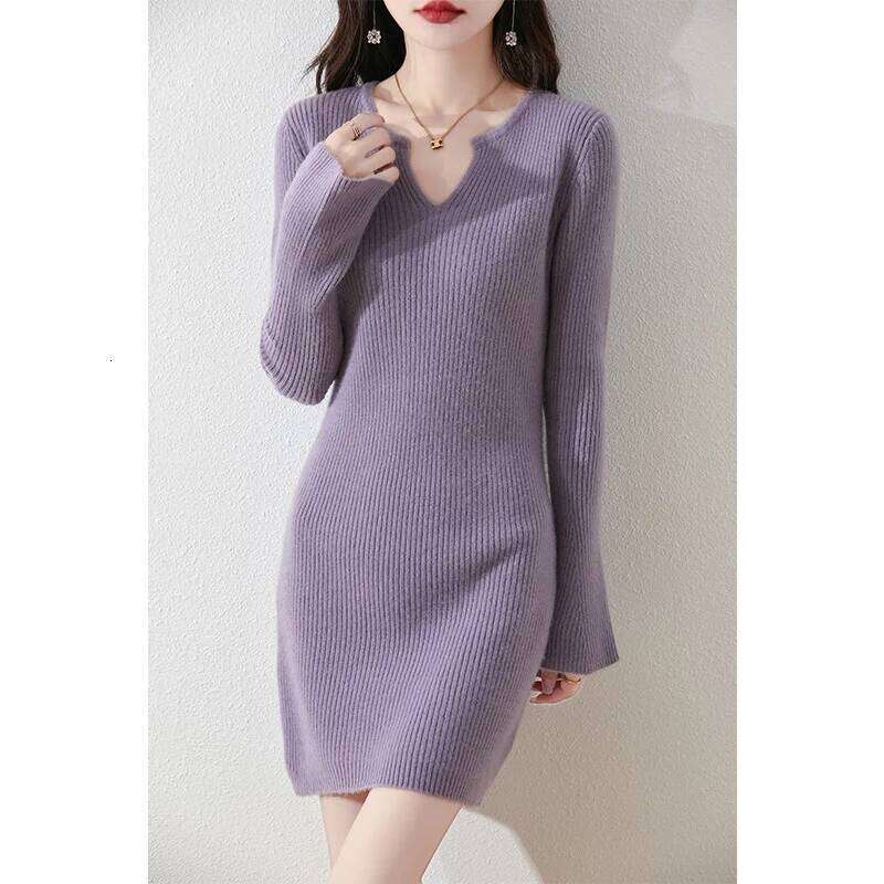 100% Merino Wool Elegant Knitted Dress Autumn Winter Women's Mid-Length Flare Sleeve Dresses Warm Sweater Bottoming Skirt Z260314