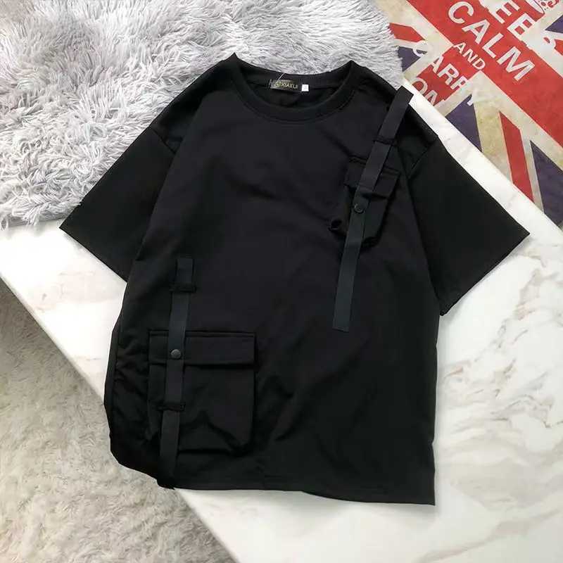 Japanese Function Summer Short-sleeved T-shirt Workwear Men Loose Casual Trend Fashion Drop Shoulder Personality Pockets Tops D260313
