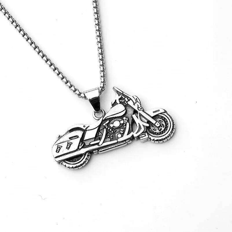 Hip-hop Motorcycle Pendant Necklace For Men Silver Color Stainless Steel Box Chain Cool Punk Fashion Neck Jewlery Party Gifts H260312