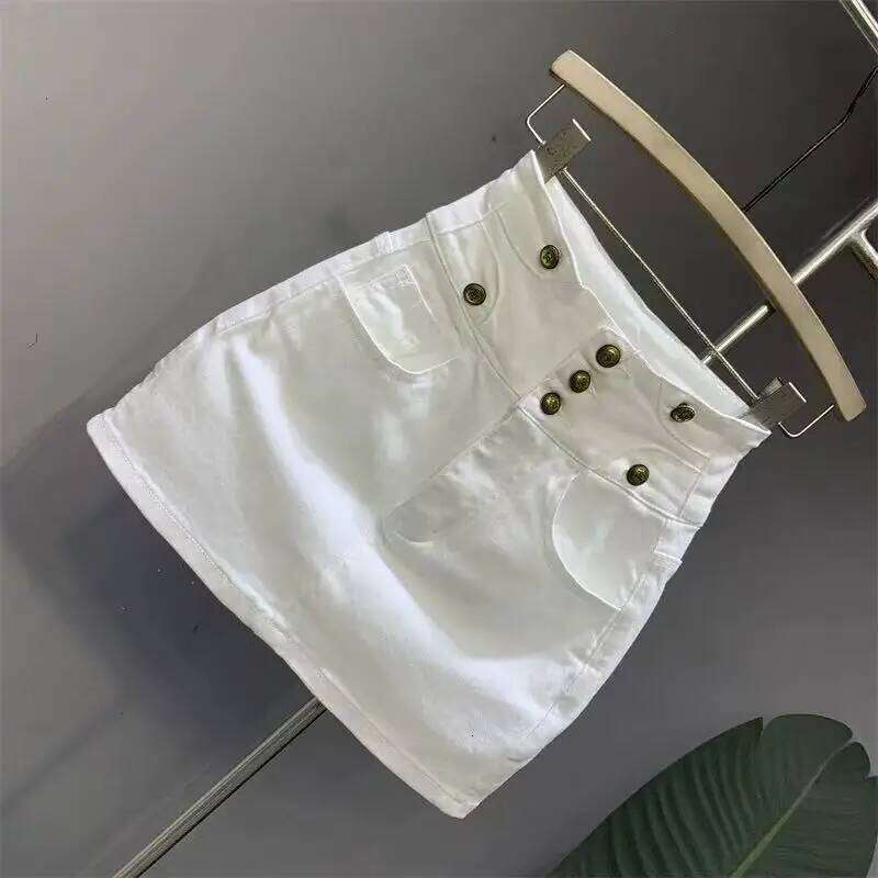 new white high-waisted denim skirt button a-word hip skirts for women with pocket Z260314