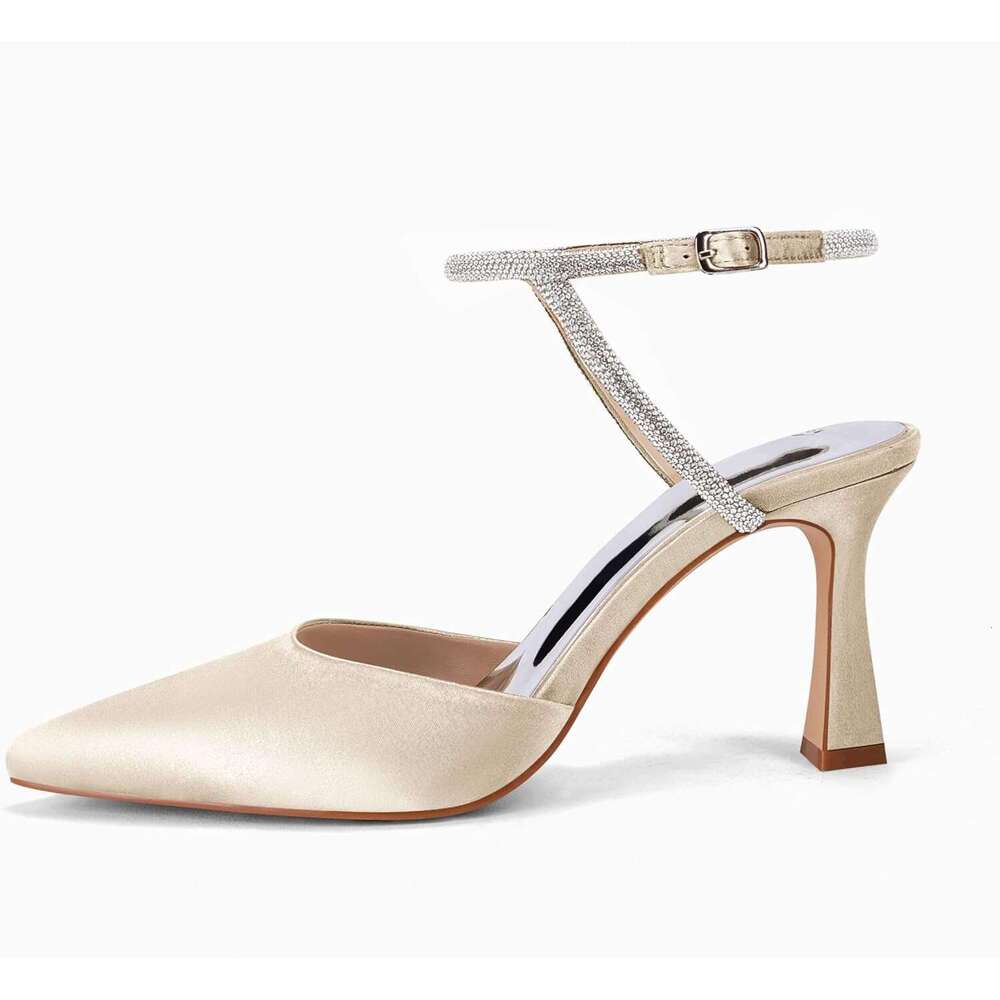 Women Rhinestone Heels Kitten High Satin Pumps Pointed Toe Sparkly Sexy Wedding Dress Shoes MOJIDASHU