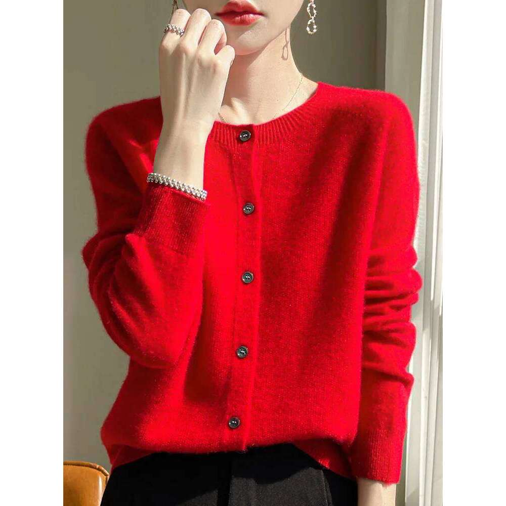 Women's Sweater Cardigans 100% Merino Wool Knitwear Raglan Sleeve Cashmere O-neck Solid Autumn Winter Casual Comfortable Tops Z260313
