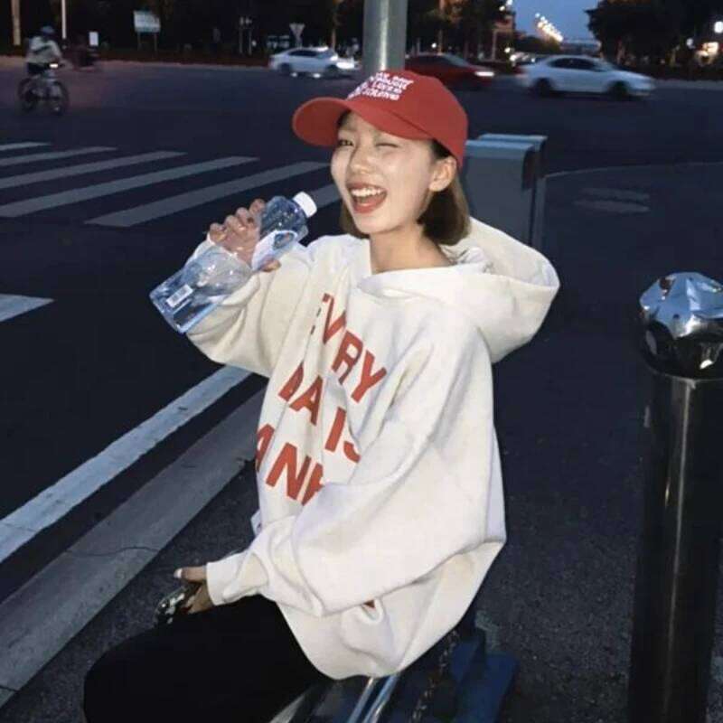 Hoodies Women All-match Letter Printed Chic Loose Fit Couples Korean Fashion Daily Autumn Outwear Students Hooded Clothing Ins Z260314