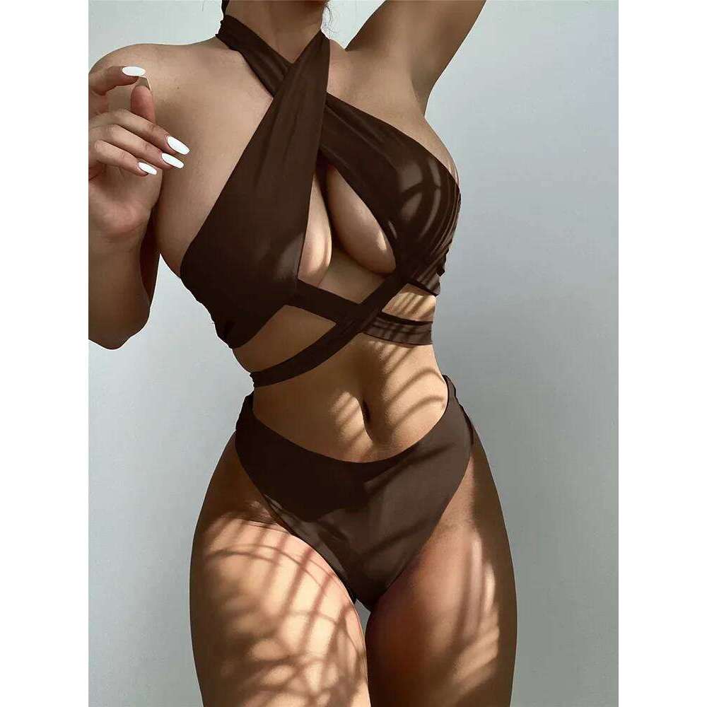 Halter Cross Bandage High Cut Female Swimsuit Women Swimwear Two-pieces Bikini Set Hollow Out Bather Bathing Suit Swim Y260303
