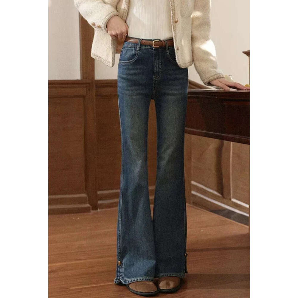 ALXNAN Vintage Blue Jeans Women's Flared Straight Cotton Denim 2025 Fall Office Lady Elegant Slim-fit Female Pants L57873 Z260313