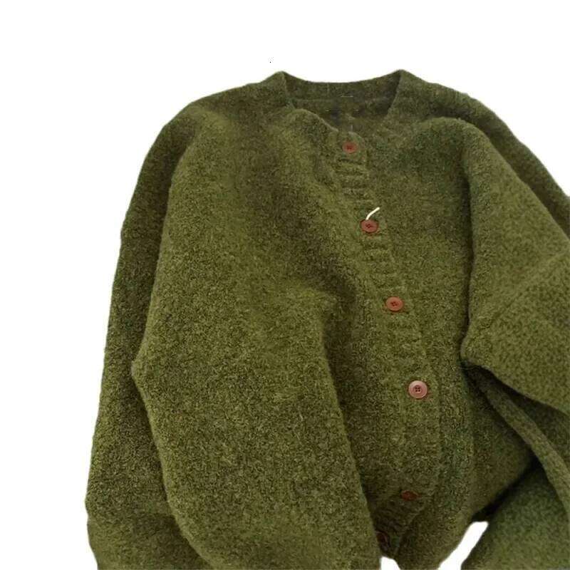Retro Green Knitted Cardigan Women's New Autumn Winter Round Neck Single Breasted Soft Thick Sweater Loose Casual Basic Coat Z260314