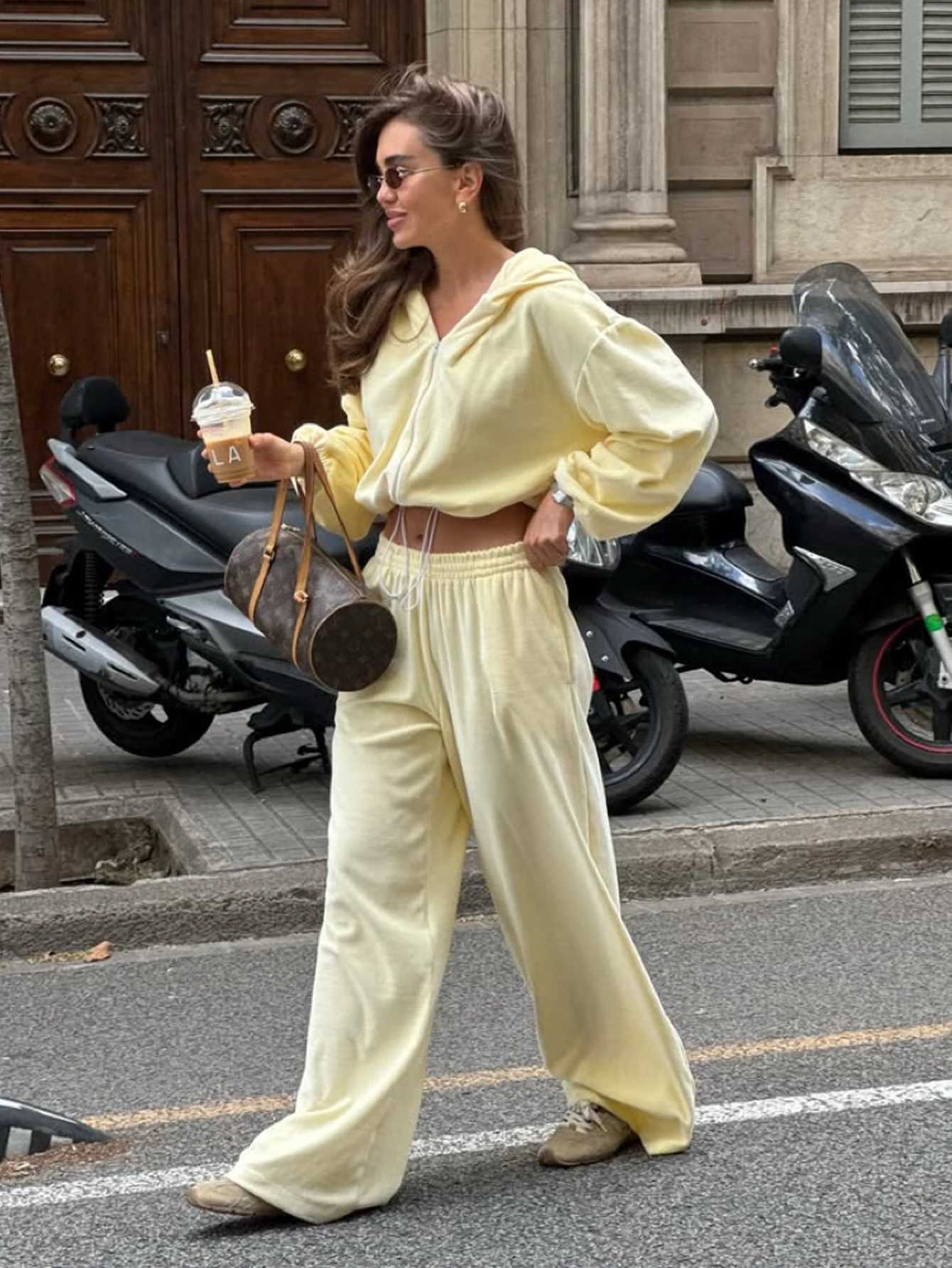 Womens Two-Piece Set Solid Color Hooded Short Sweatshirt Jacket with Elastic Waist Pants Regular Fit Fall Winter Wear M260313