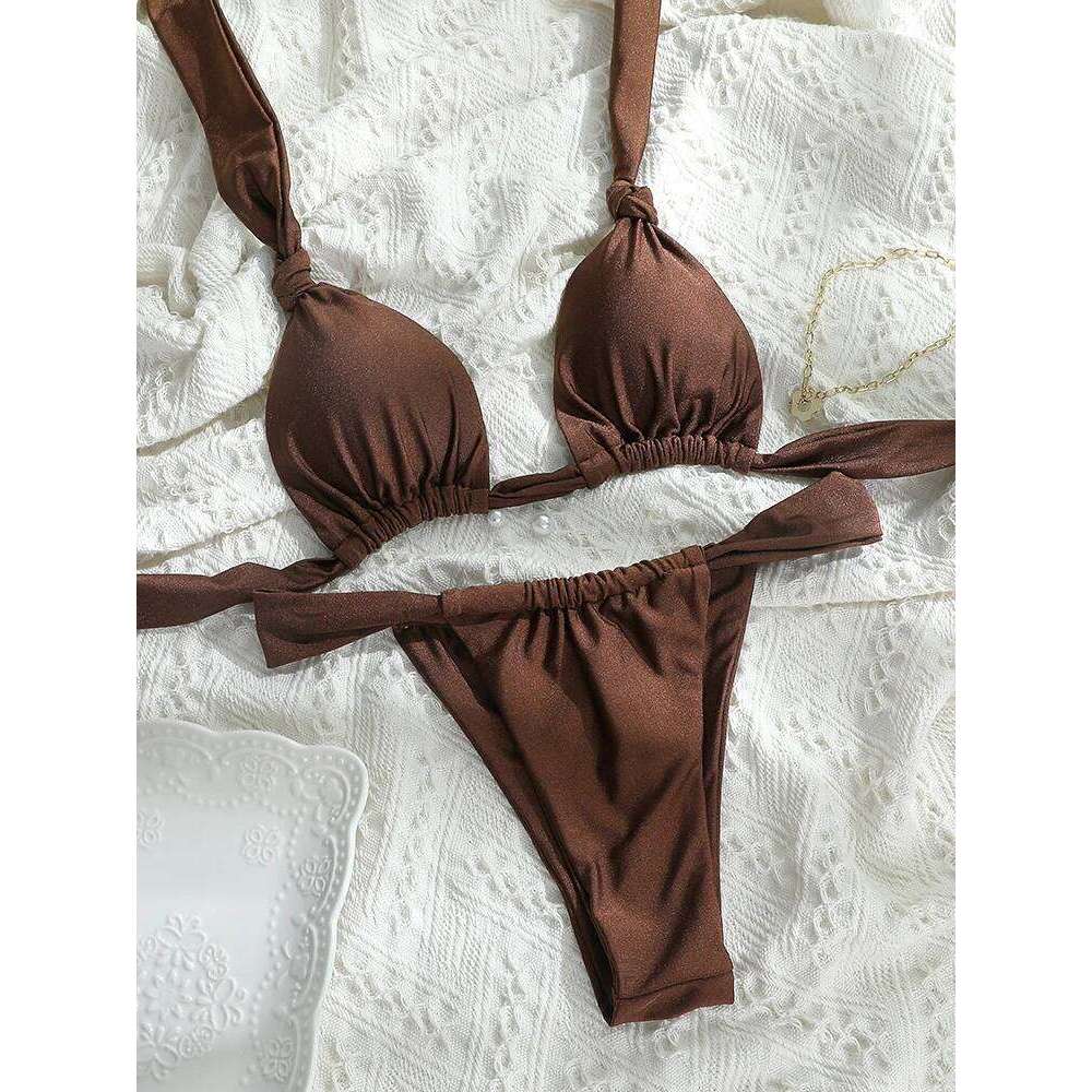 Tiedown Bikini for Women Triangle Swimwear Bathing Suit Brazilian 2-Piece Folds Bikinis Set solid Push Up Swimsuit New 26H0313