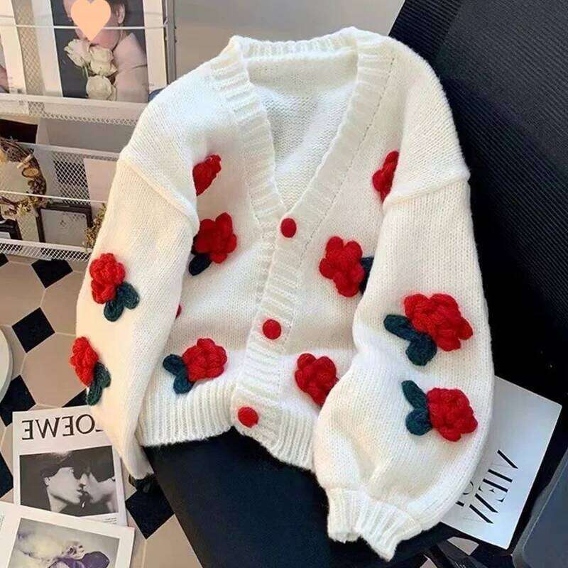 New 3D Flower Women Sweet Cute Korean All-Match V-Neck Sweater Coat Autumn Winter Gentle Style Knitted Cardigan Z260313