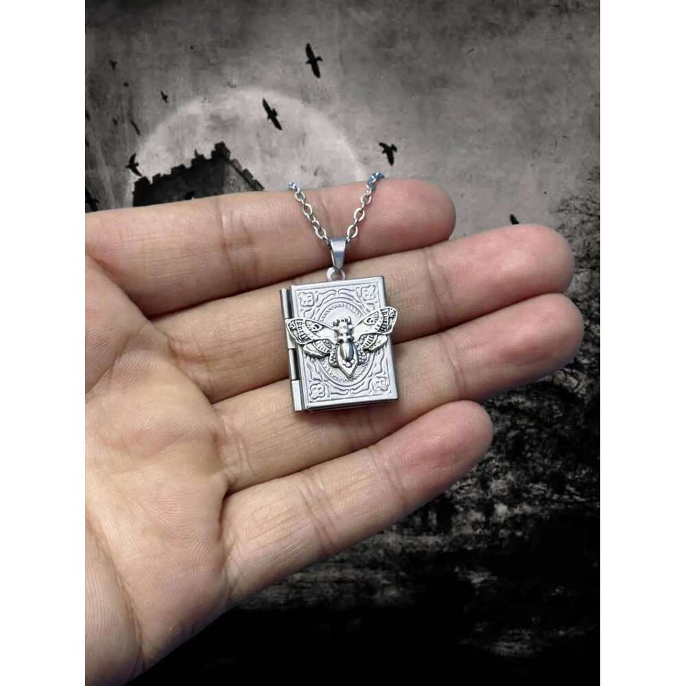 Gothic Book Animal Photo Box Charm, Fire Dragon Moth Snake Rose Bat Sun Necklace, Vintage Jewelry Gifts For Her/Him H260312