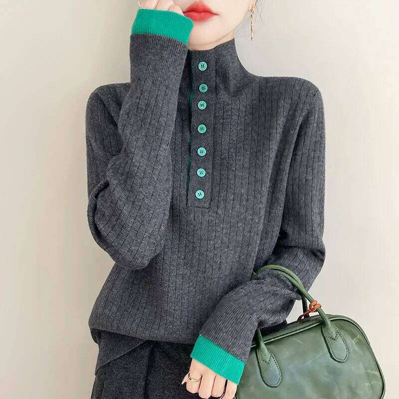 Women Vintage Long Sleeve Sweaters Autumn/Winter Buttons Turtleneck Pullover Fashion Trends Soft and Comfortable Knitwear Tops Z260313