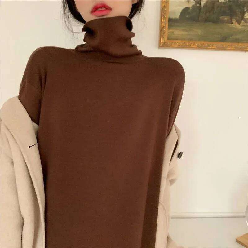 Smvp Fall Winter Turtleneck Women Basic Solid Casual Loose Long Sleeve Dresses Female Streetwear Side Split Dress Z260314