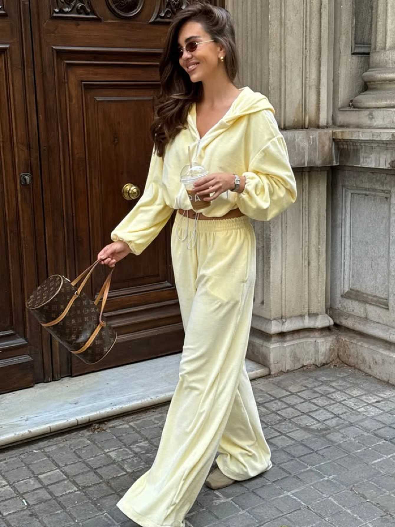 Womens Two-Piece Set Solid Color Hooded Short Sweatshirt Jacket with Elastic Waist Pants Regular Fit Fall Winter Wear M260313