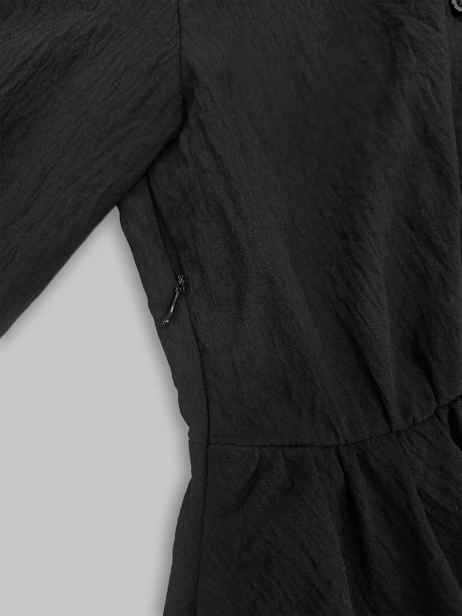 Womens Black Textured Maxi Dress with Stand Collar Button Placket and Matching BeltT260316