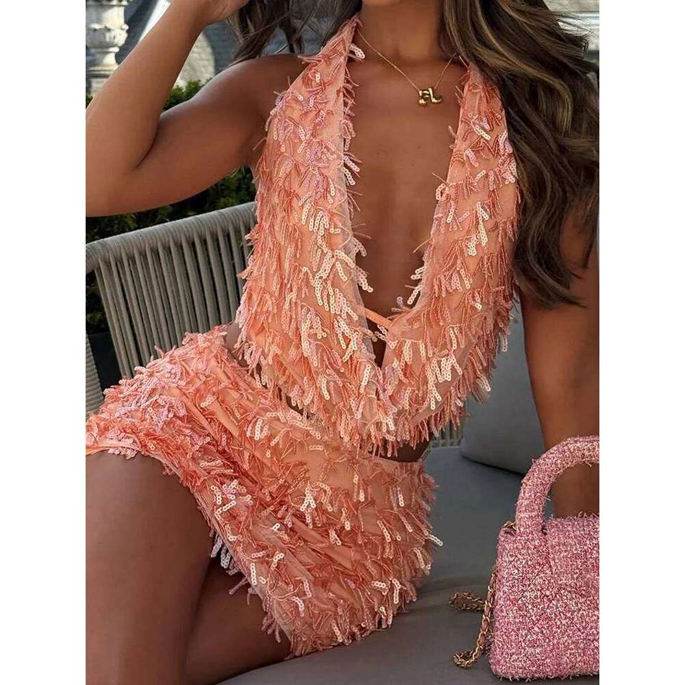 Weird Puss Sequin Tassels Piece Set Women Sexy Swing Collar Tank Tops Peach Hip Skits Midnight Summer Birthday Party Clubwear Luanyun luanyun