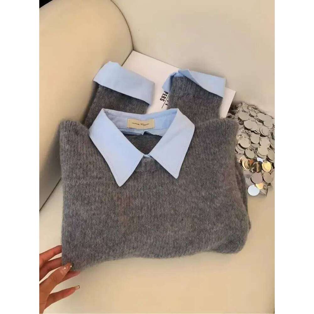 Shirt Collar Long Sleeved Sweater Korean Fake Two-piece Color Block Knitted Pullover Top Women's Autumn Loose Versatile Coat Z260313